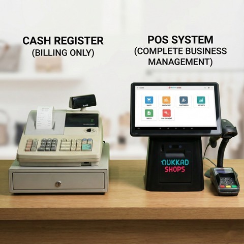POS system compared with a cash register