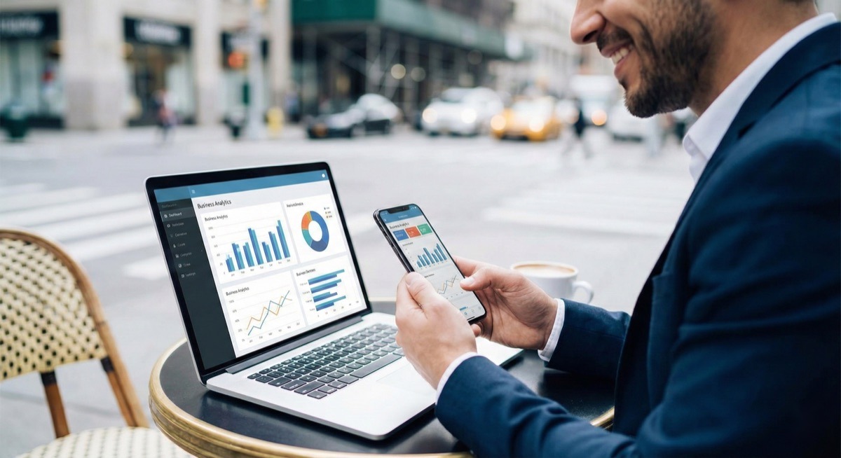 NukkadShops analytics dashboard on a laptop and phone