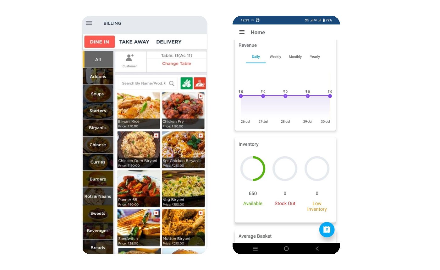 Nukkad Shops Quik App - billing screen and owner dashboard on a smartphone